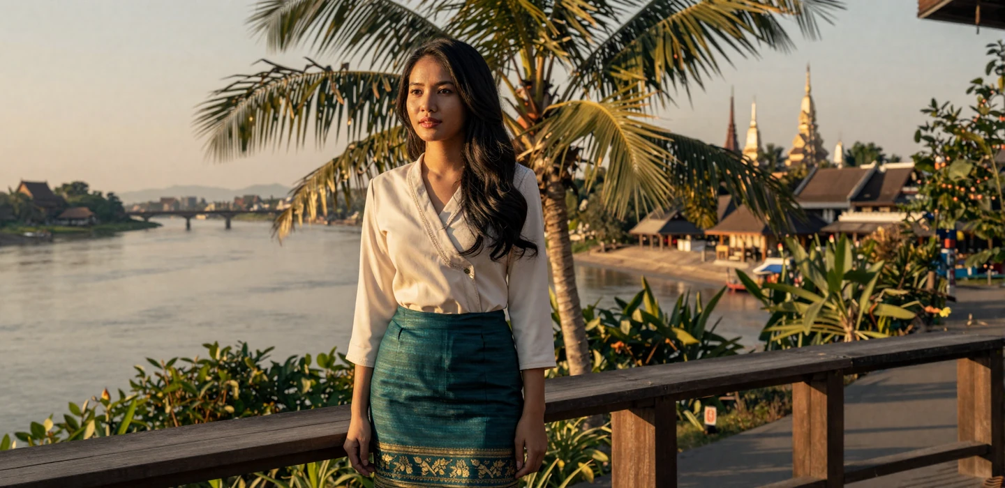 Beautiful Laotian woman standing by the Mekong River in traditional sinh skirt at golden hour, representing Laotian women dating on Dating-bay