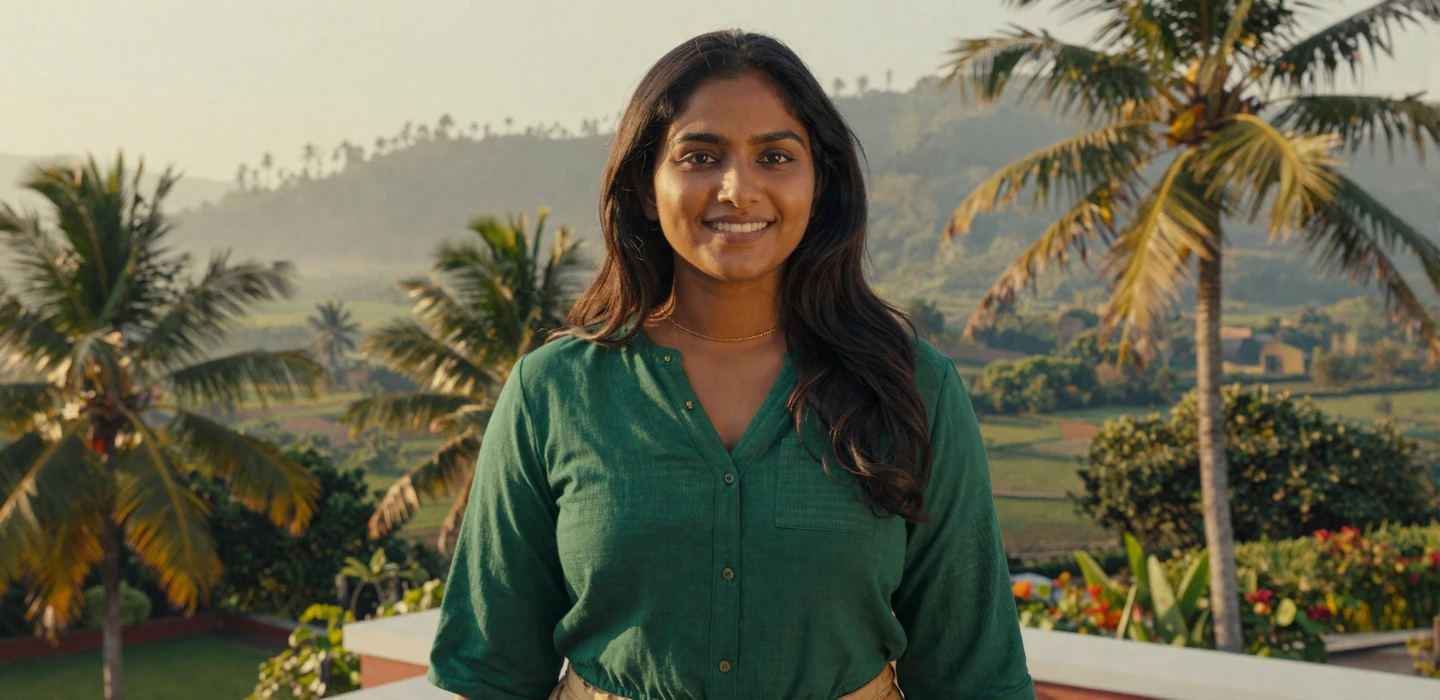 Beautiful Sri Lankan woman smiling warmly on a tropical terrace with lush green hills in the background, representing Sri Lankan women dating on Dating-bay