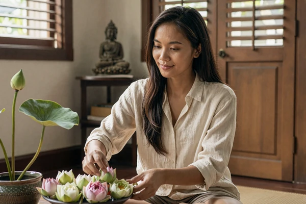 Cambodian woman arranging lotus flowers at home reflecting Buddhist values central to Cambodian dating culture