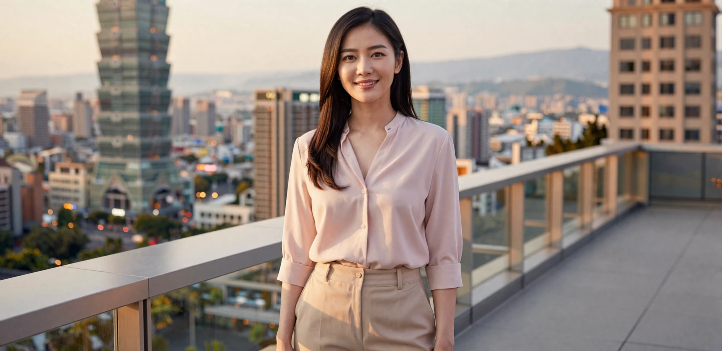 Beautiful Taiwanese woman smiling warmly on a modern Taipei rooftop at golden hour, representing Taiwanese women dating on Dating-bay