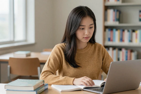 North Korean diaspora woman studying in a modern library, representing the educational aspirations central to North Korean women dating