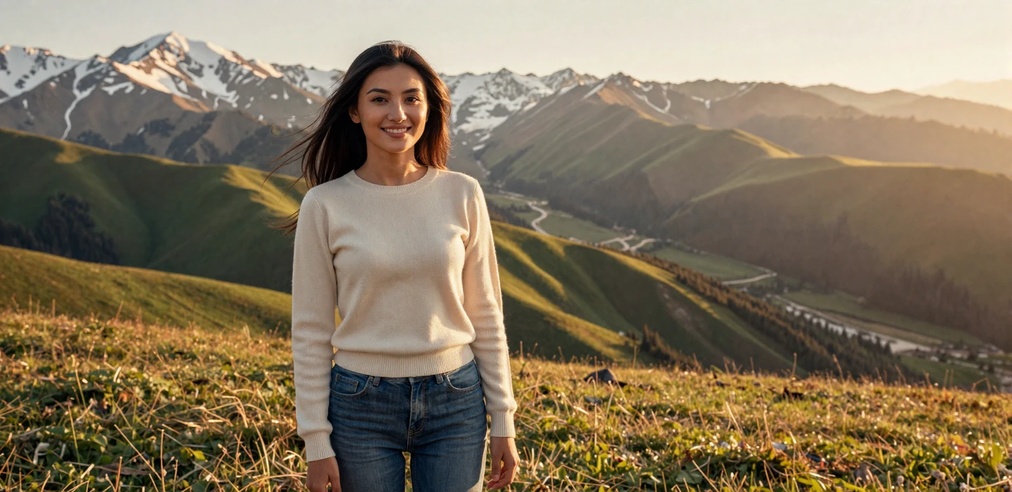 Beautiful Kyrgyz woman smiling warmly against Tian Shan mountain backdrop, representing Kyrgyz women dating on Dating-bay