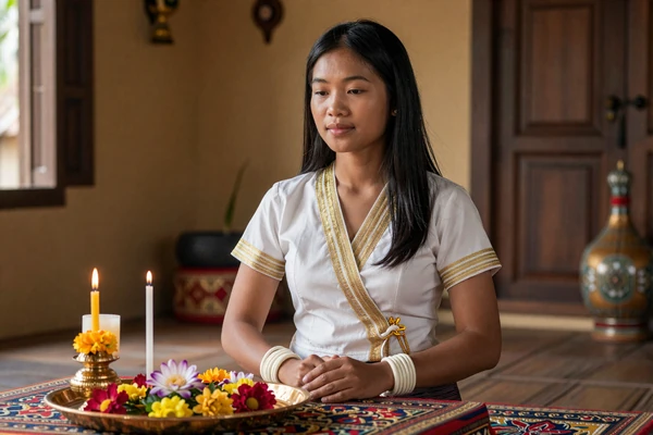 Laotian woman with Baci ceremony strings on her wrists beside a traditional offering tray reflecting Lao dating culture and spiritual traditions