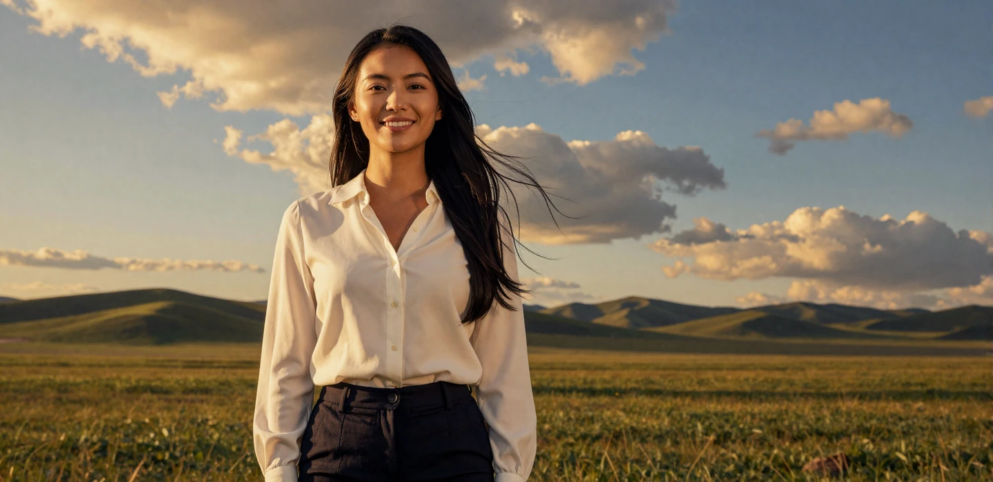 Beautiful Mongolian woman smiling confidently on the vast green steppe at golden hour, representing Mongolian women dating on Dating-bay