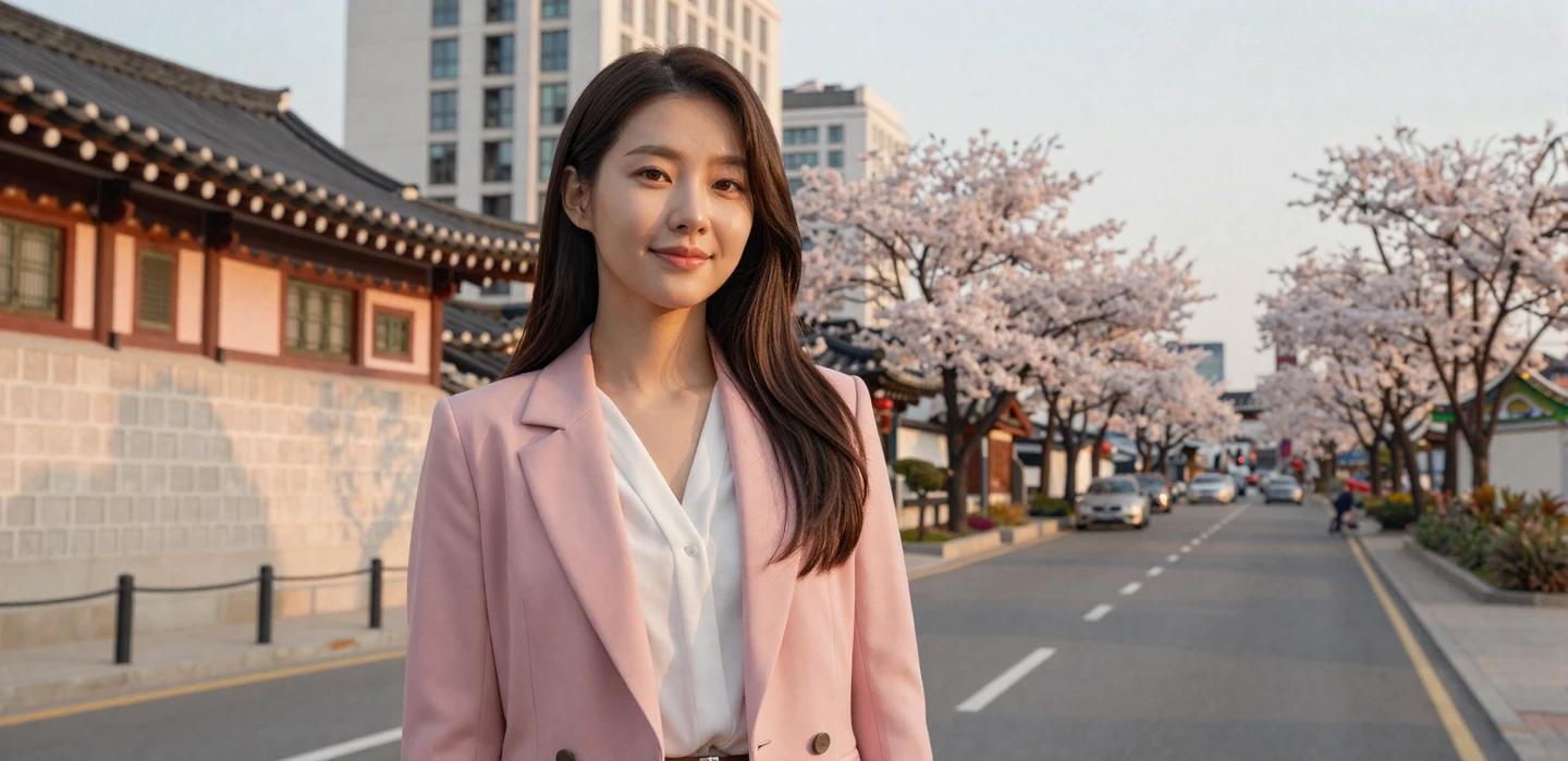 Stylish Korean woman in pastel blazer near Gyeongbokgung Palace in Seoul during cherry blossom season