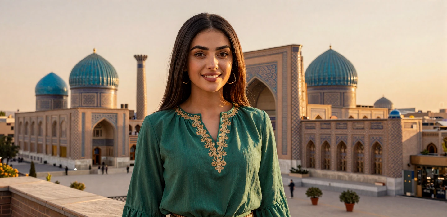 Beautiful Uzbek woman smiling warmly in elegant emerald blouse with gold embroidery overlooking Samarkand architecture, representing Uzbek women dating on Dating-bay