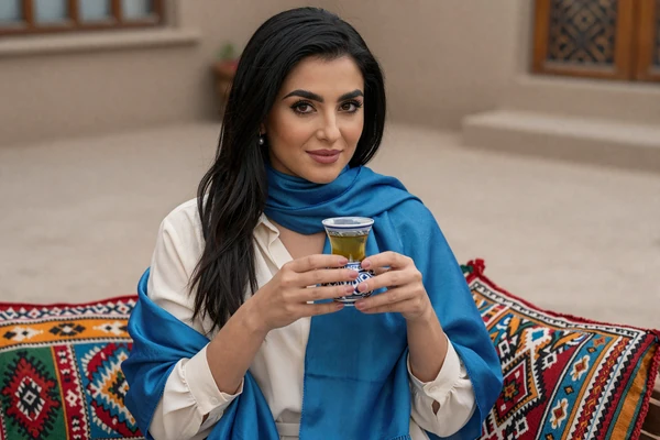 Elegant Uzbek woman enjoying traditional green tea in a patterned courtyard, reflecting the hospitality and beauty central to Uzbek women dating
