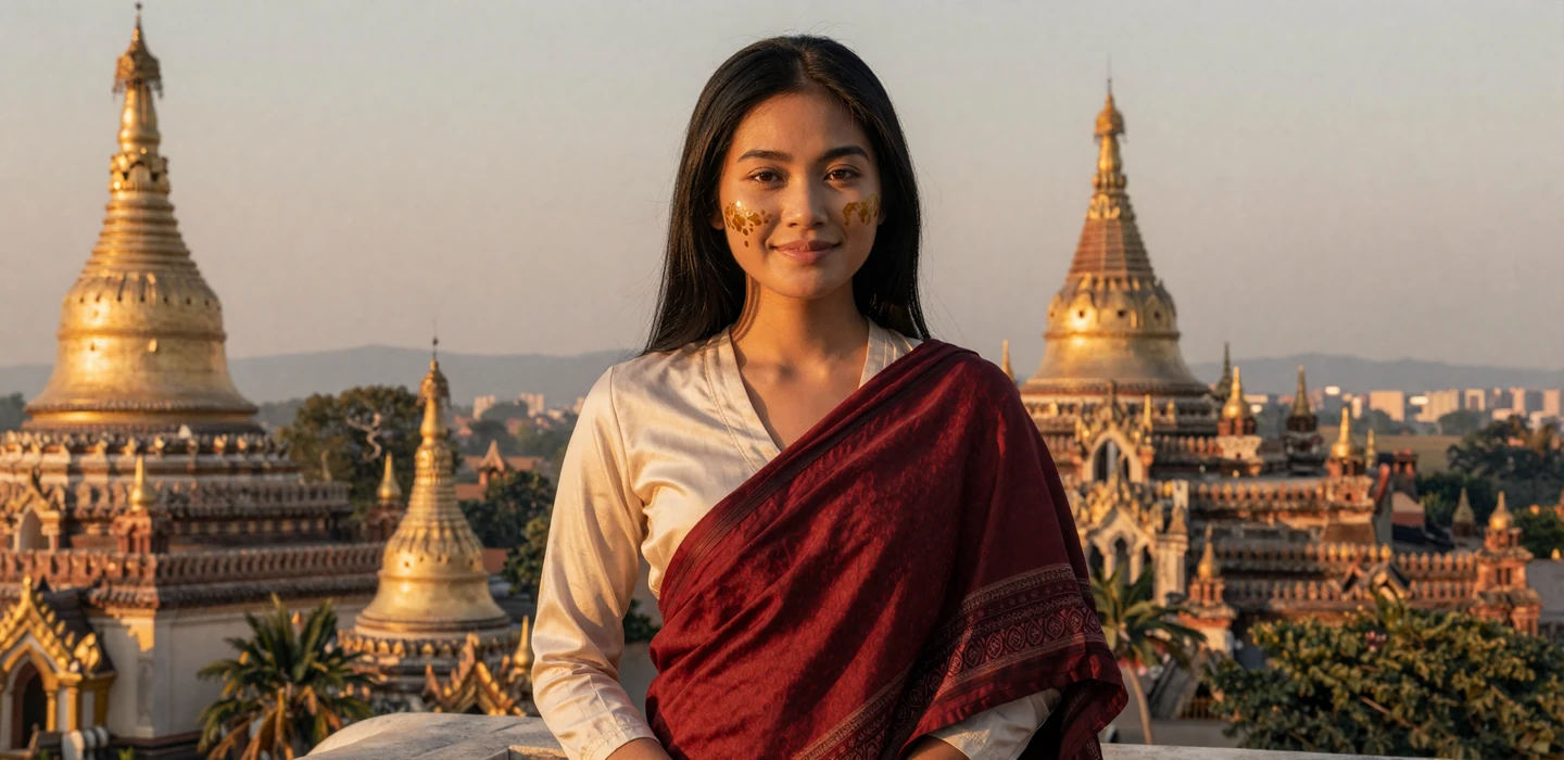 Beautiful Burmese woman in traditional ruby htamein sarong smiling warmly against golden pagodas of Bagan at sunset, representing Burmese women dating on Dating-bay