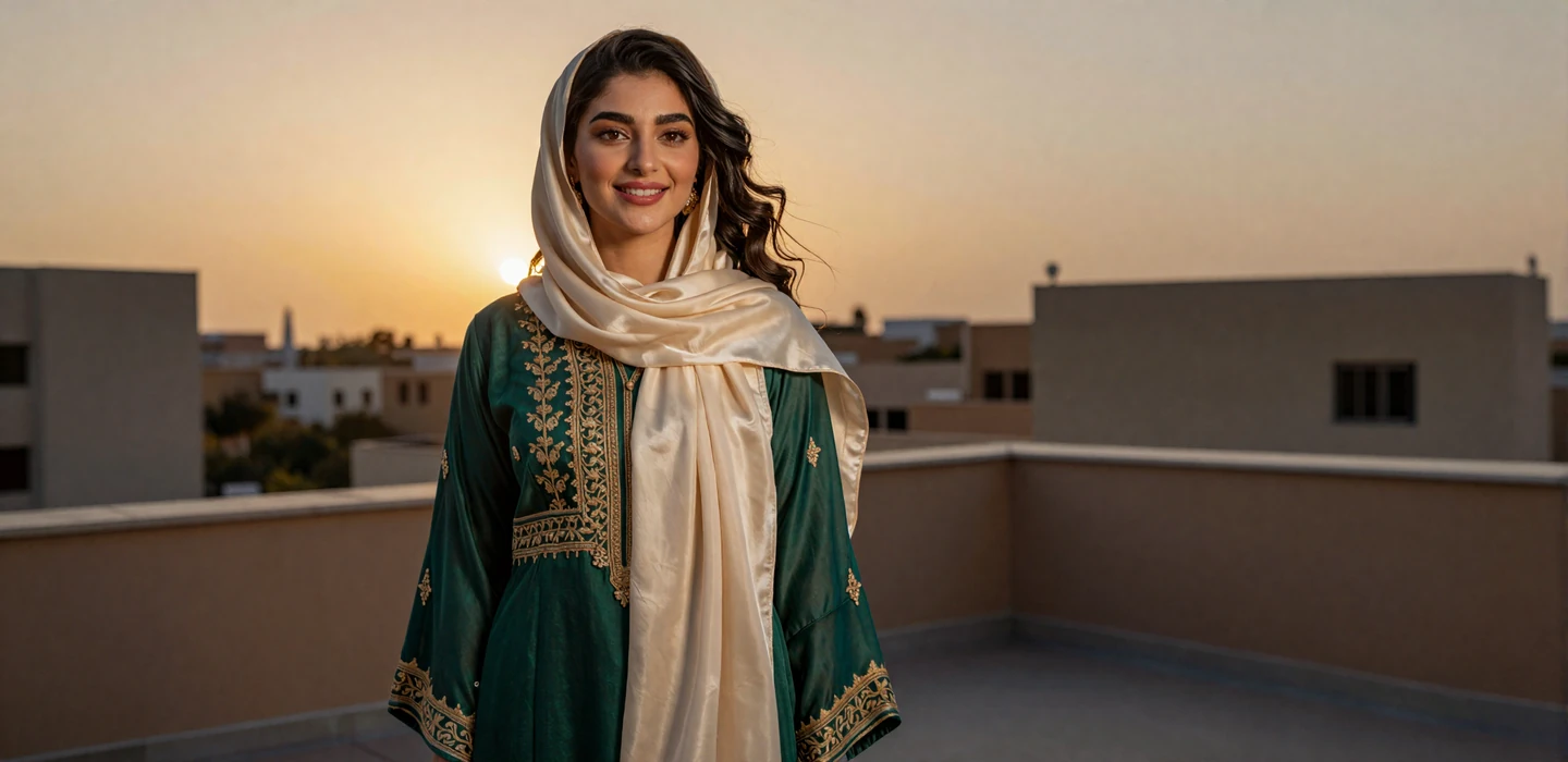 Beautiful Afghan woman smiling warmly in elegant emerald dress with gold embroidery, representing Afghan women dating on Dating-bay