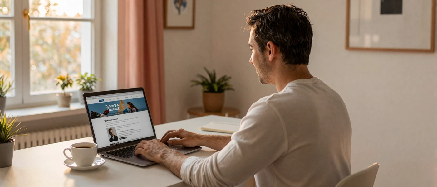 Man safely browsing an Asian dating site on his laptop with warm lighting - online dating safety tips