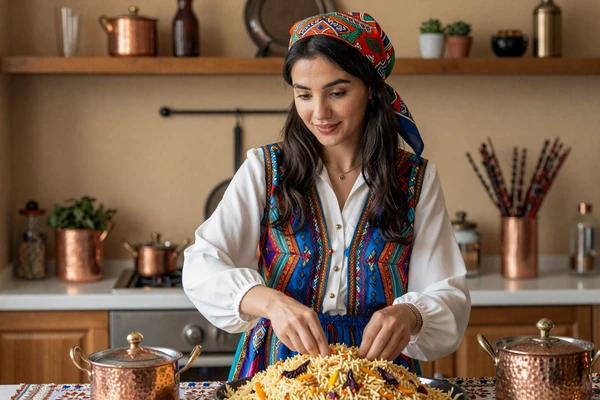 Tajik woman preparing traditional oshi palov dish in a warm home kitchen, showcasing the hospitality central to Tajik women dating culture