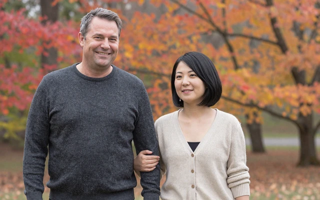 Robert from Ohio and Yuki from Japan walking together after meeting on Dating-bay