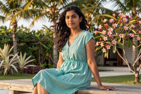Maldivian woman relaxing in a tropical garden in the Maldives, reflecting the island lifestyle and warmth central to Maldivian women dating culture