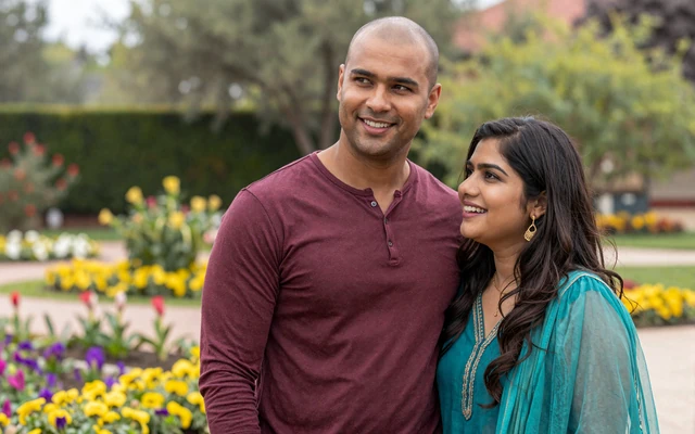 Tom from Michigan and Priya from India in a garden celebrating their love from Dating-bay