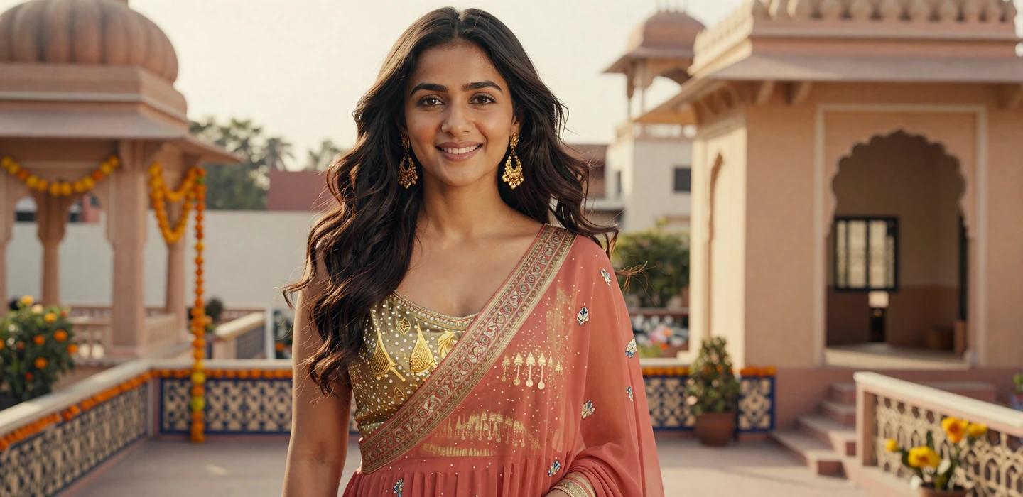 Beautiful Indian woman smiling warmly on ornate terrace at golden hour, representing Indian women dating on Dating-bay