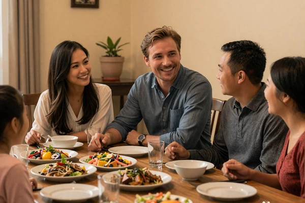 Western man enjoying dinner with Asian partner's family in warm home setting