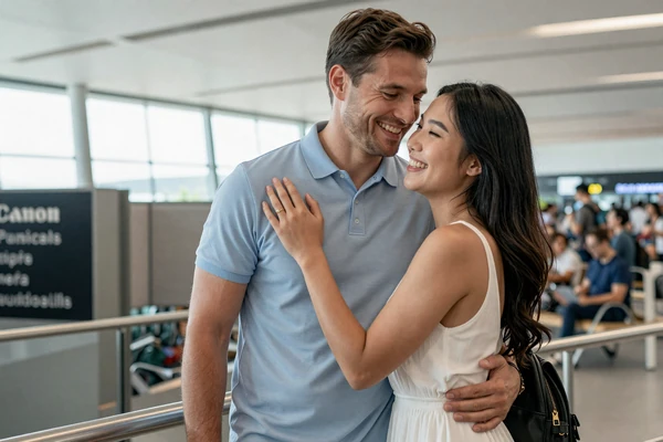 Happy couple reuniting at airport after long-distance Asian dating relationship