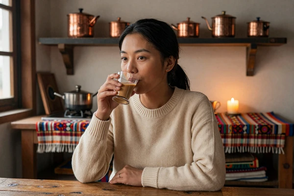 Bhutanese woman enjoying butter tea in a traditional farmhouse kitchen, illustrating the warm domestic culture that shapes Bhutanese women dating values