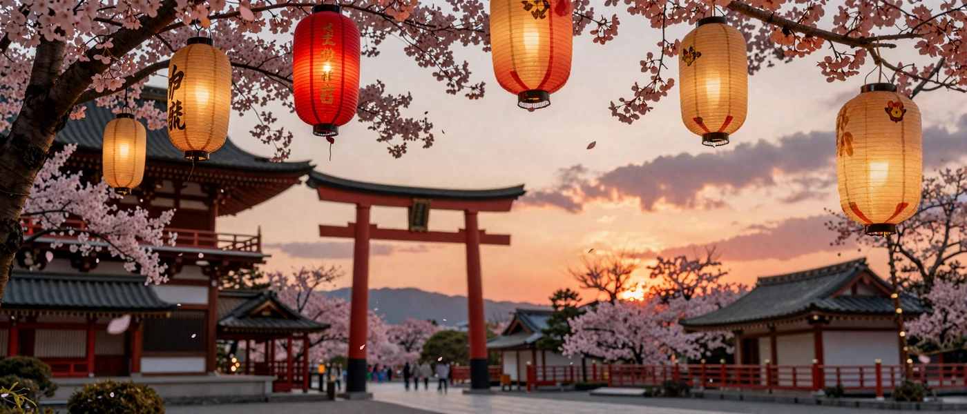 Asian cultural landscape with lanterns and cherry blossoms representing dating culture diversity