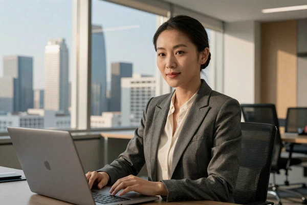 Educated Mongolian professional woman working in a modern Ulaanbaatar office, reflecting the high education levels of Mongolian women in the dating scene