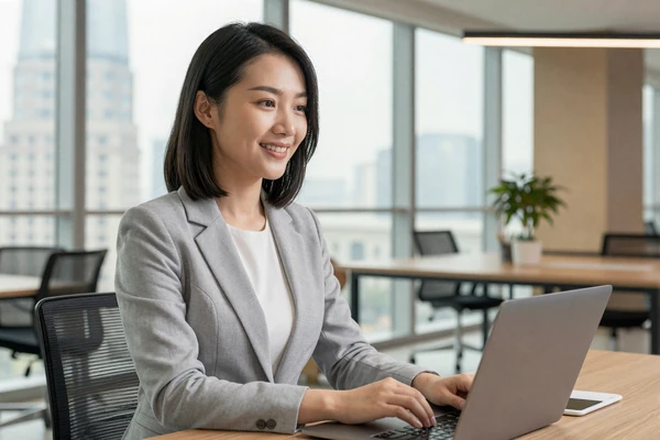 Young Chinese professional woman working at her laptop in modern Shanghai co-working space, demonstrating education and career ambition of Chinese women