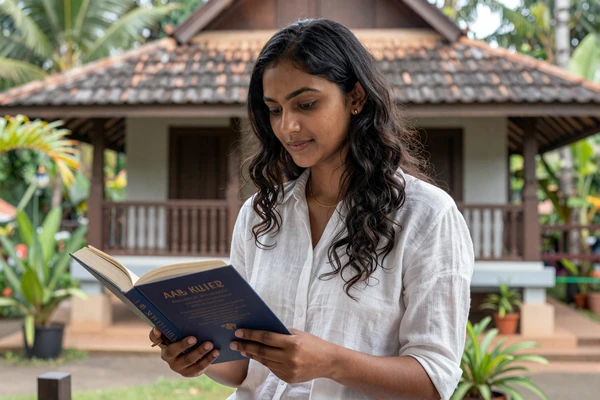 Educated Sri Lankan woman reading on a tropical home veranda, reflecting the literacy and cultural depth important to Sri Lankan women dating