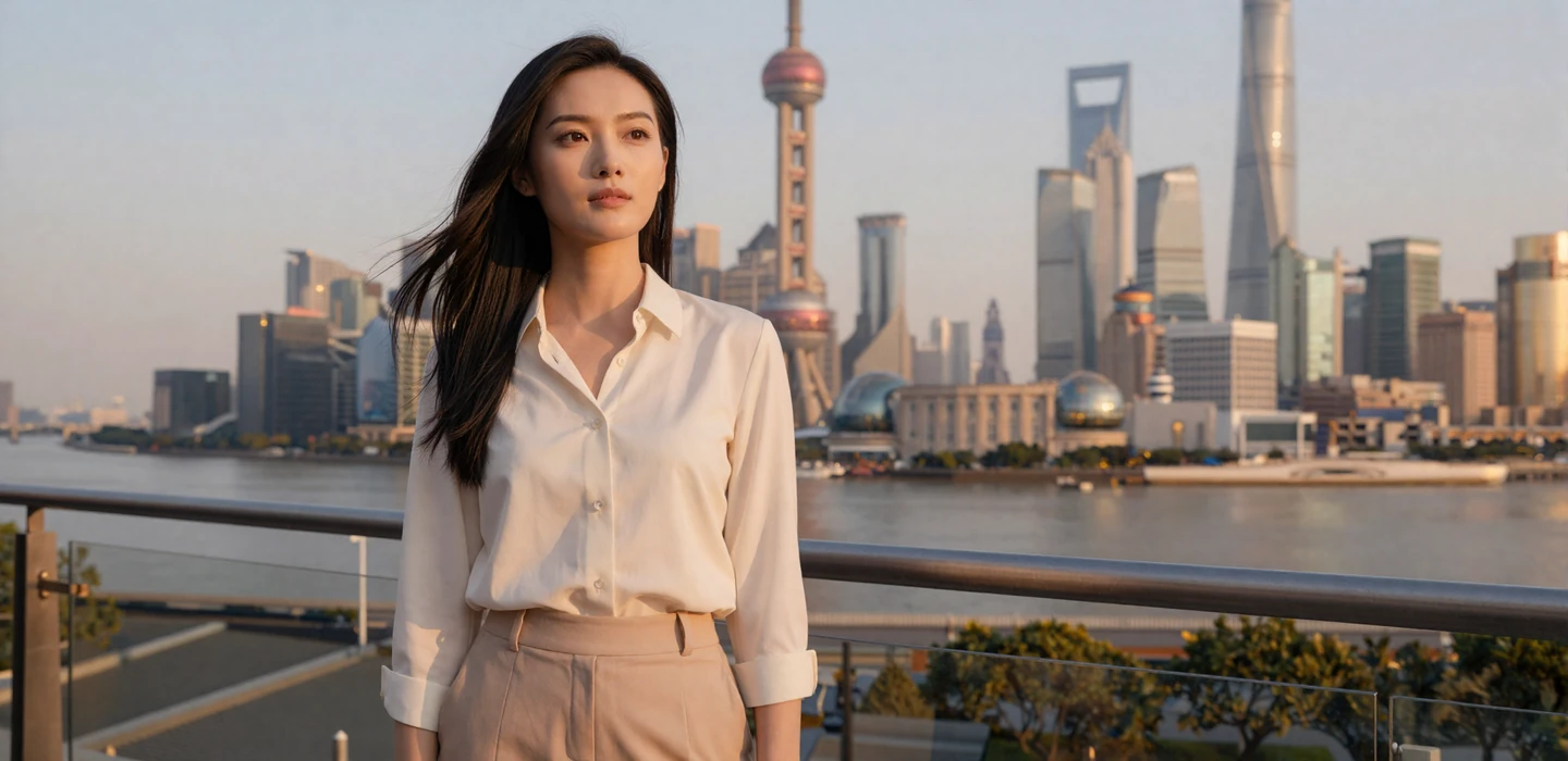 Beautiful Chinese woman smiling confidently on modern Shanghai terrace at golden hour, representing Chinese women dating on Dating-bay