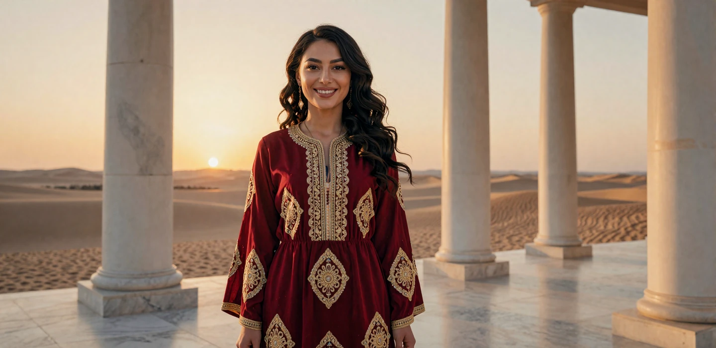 Beautiful Turkmen woman in elegant traditional dress with gold gul embroidery patterns, representing Turkmen women dating on Dating-bay
