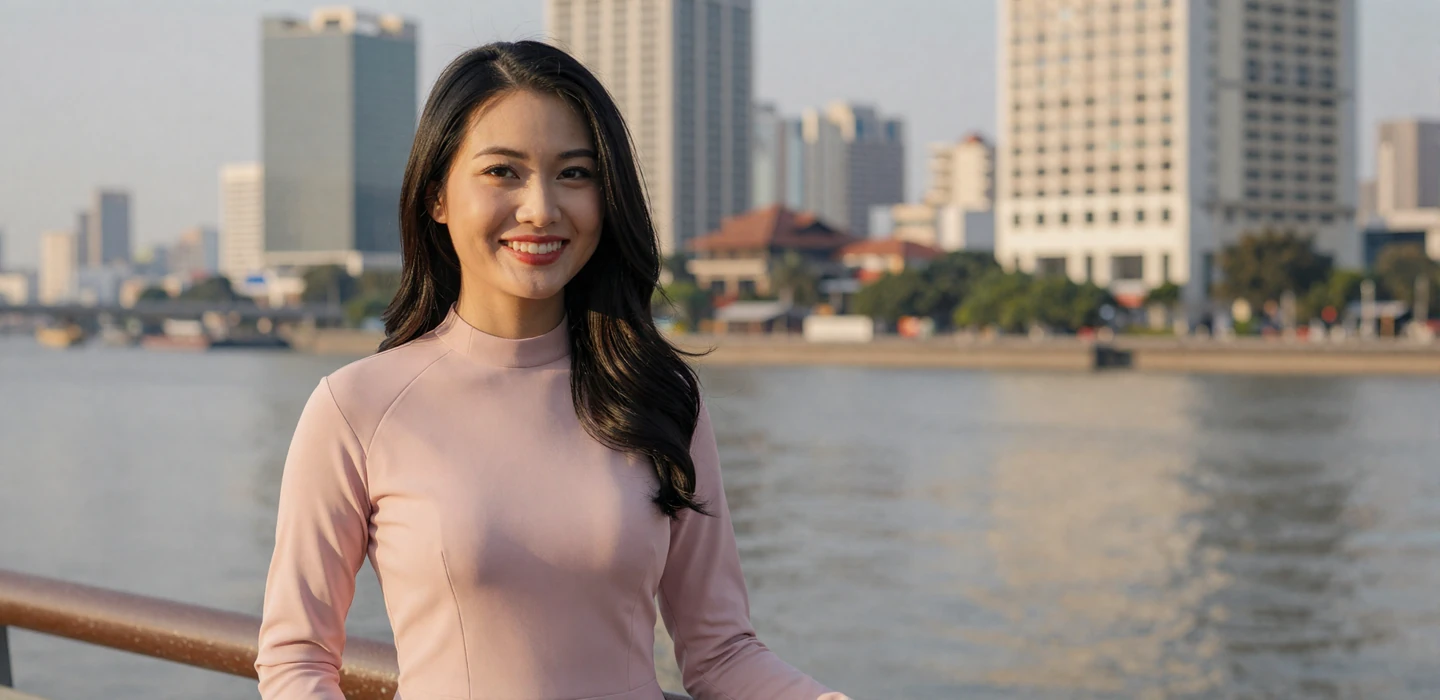 Beautiful Vietnamese woman smiling warmly on riverside promenade with Ho Chi Minh City skyline at golden hour representing Vietnamese dating on Dating-bay