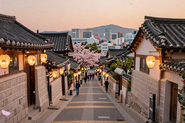 Bukchon Hanok Village in Seoul at golden hour with traditional Korean architecture and cherry blossoms