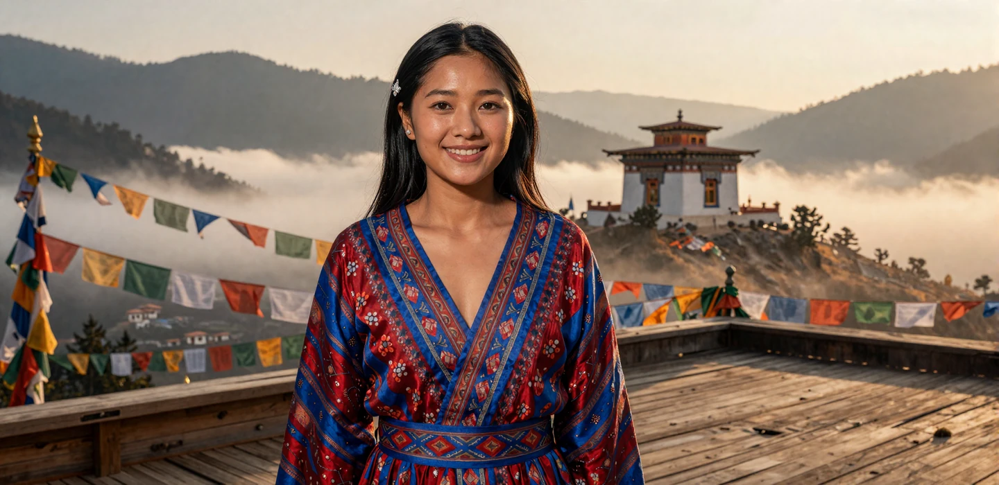 Beautiful Bhutanese woman in traditional kira dress smiling warmly on a Himalayan terrace with prayer flags, representing Bhutanese women dating on Dating-bay
