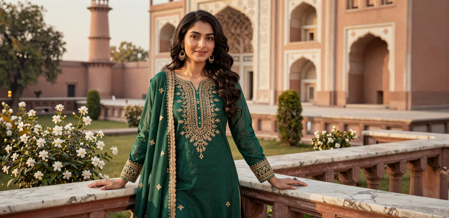 Beautiful Pakistani woman in traditional shalwar kameez by Mughal garden architecture