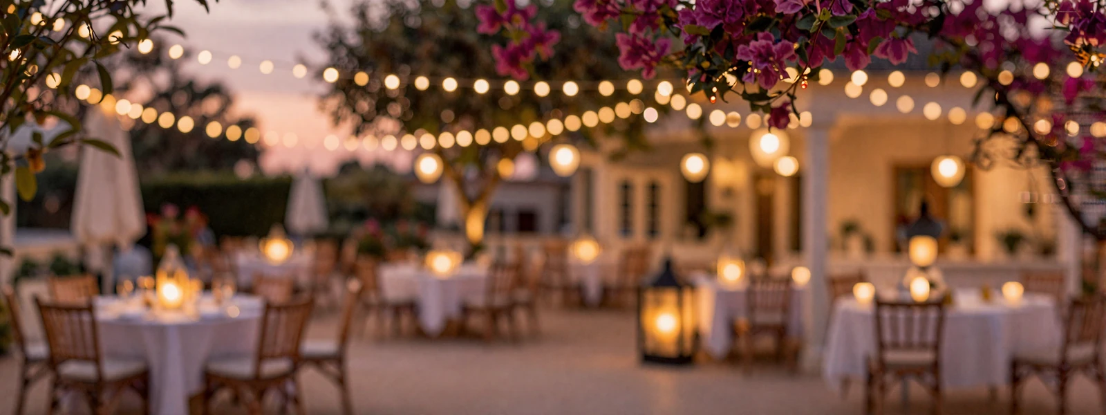 Romantic sunset terrace with warm lights for success stories background