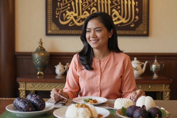 Bruneian woman in coral baju kurung seated with traditional Bruneian dishes including ambuyat, demonstrating the hospitality central to Bruneian women dating culture