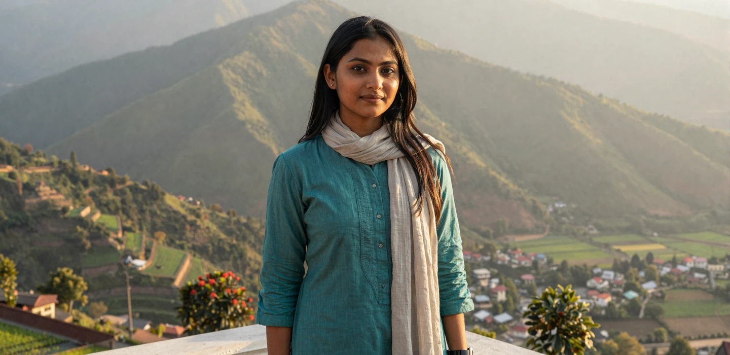 Beautiful Nepali woman smiling warmly on a Kathmandu terrace with Himalayan mountains in the background, representing Nepali women dating on Dating-bay