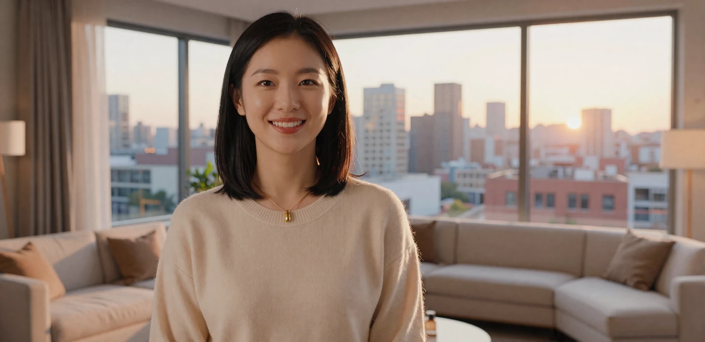 Beautiful North Korean diaspora woman smiling warmly in modern setting, representing North Korean women dating on Dating-bay