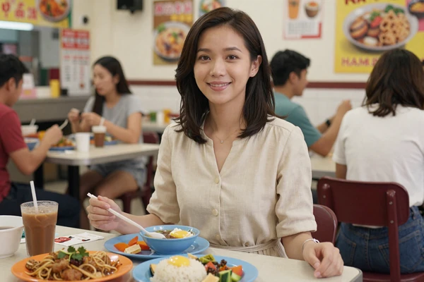 Singaporean woman enjoying food at a local hawker center, illustrating the food-centric dating culture central to Singaporean women dating