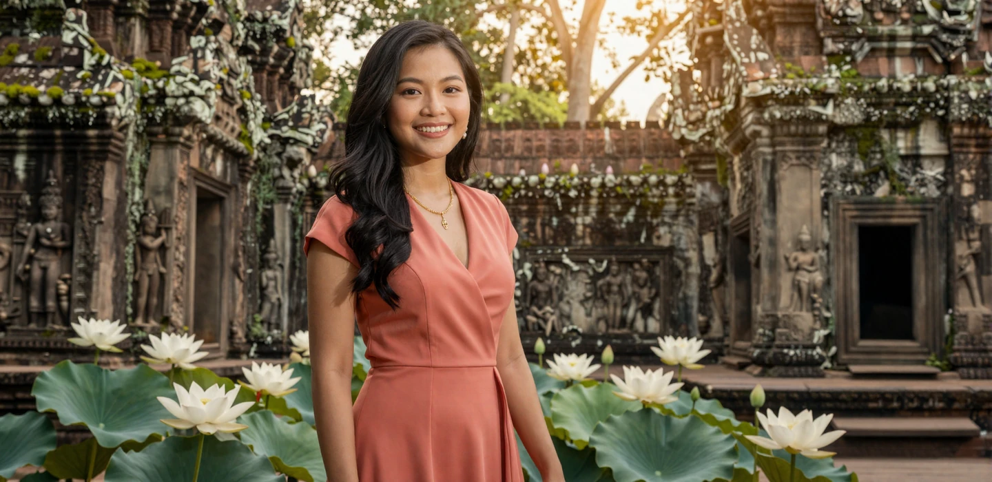 Beautiful Cambodian woman smiling warmly in coral dress near ancient Khmer temple carvings, representing Cambodian women dating on Dating-bay
