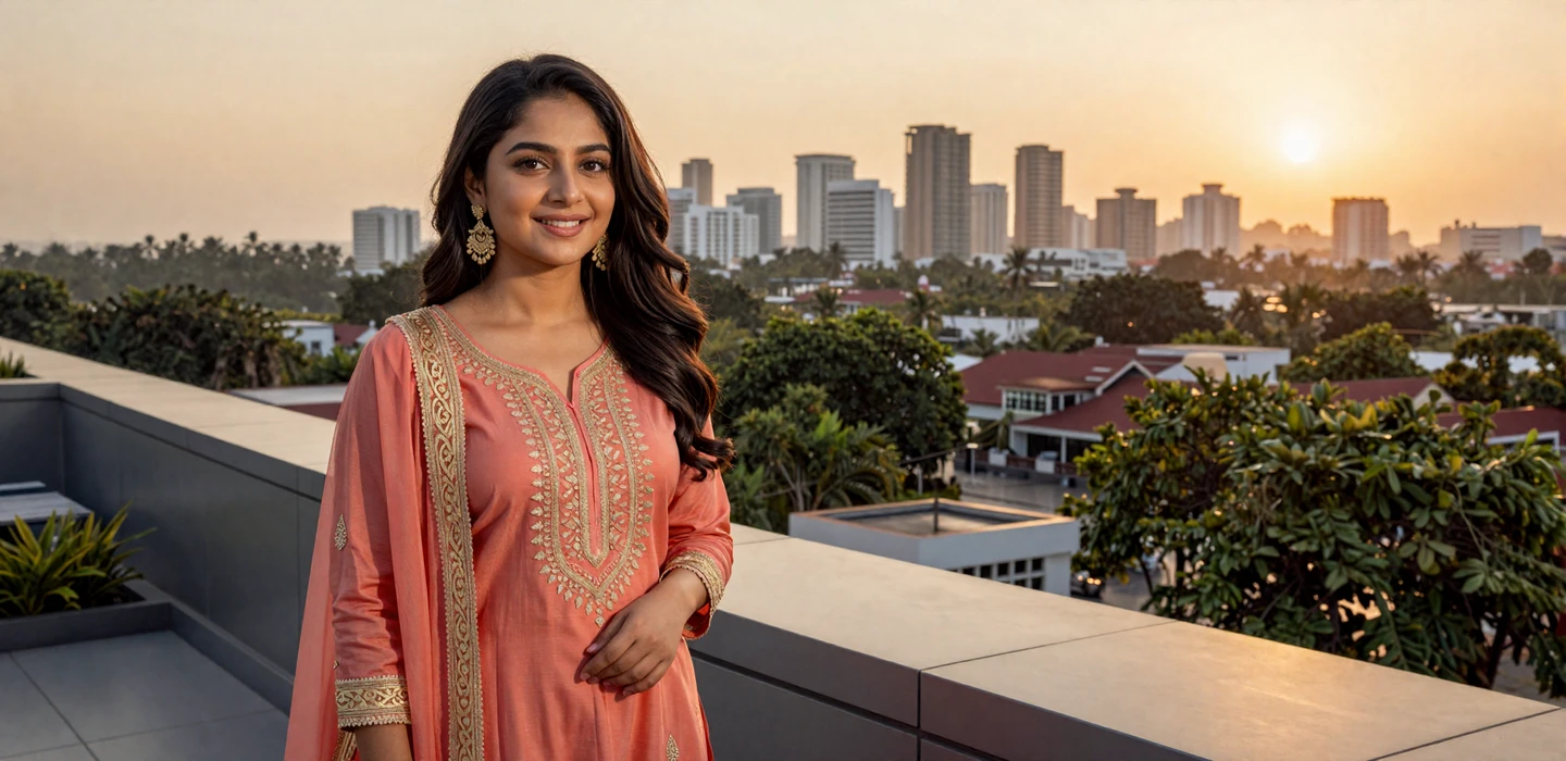 Beautiful Bangladeshi woman smiling warmly on a modern Dhaka terrace at golden hour, representing Bangladeshi women dating on Dating-bay