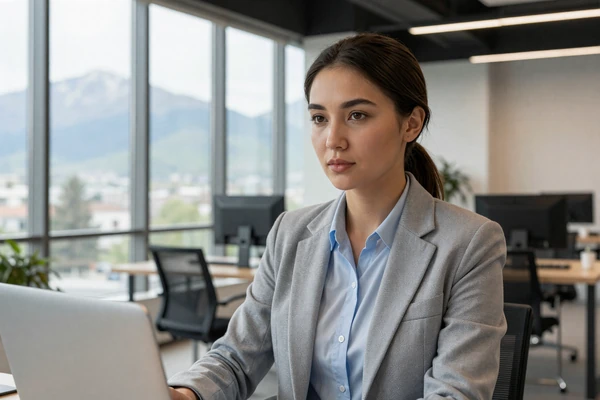Young Kazakh professional woman working at modern Almaty co-working space, demonstrating career ambition and education of Kazakh women