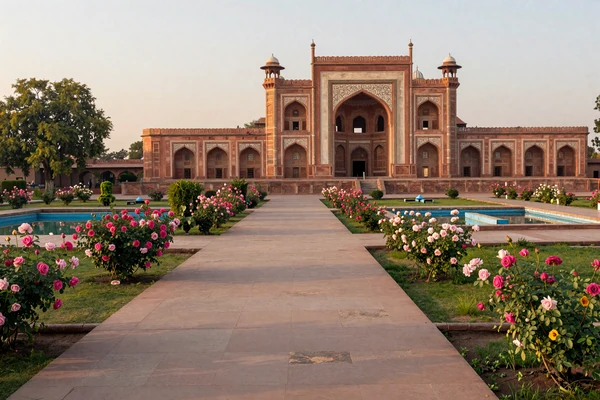 Mughal garden in Lahore Pakistan with marble walkways and rose gardens at golden hour