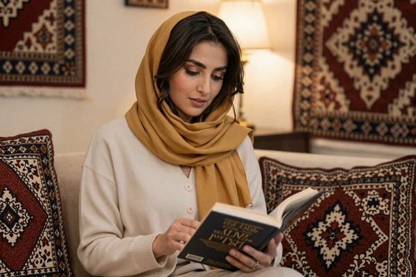 Educated Afghan woman reading Rumi poetry in a cozy home with traditional Afghan carpets, reflecting the literary heritage central to Afghan women dating