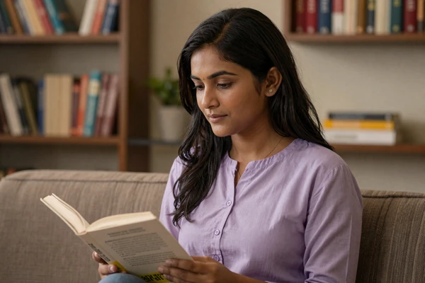 Educated Bangladeshi woman reading a book in a cozy Dhaka home, reflecting the literary culture and Bengali heritage important to Bangladeshi women dating