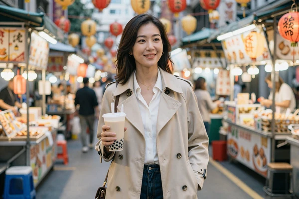 Stylish Taiwanese woman enjoying bubble tea at a Taipei night market, reflecting Taiwan's vibrant dating culture