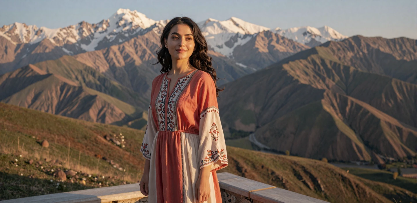 Beautiful Tajik woman smiling warmly in elegant dress with traditional embroidery against Pamir mountain backdrop, representing Tajik women dating on Dating-bay