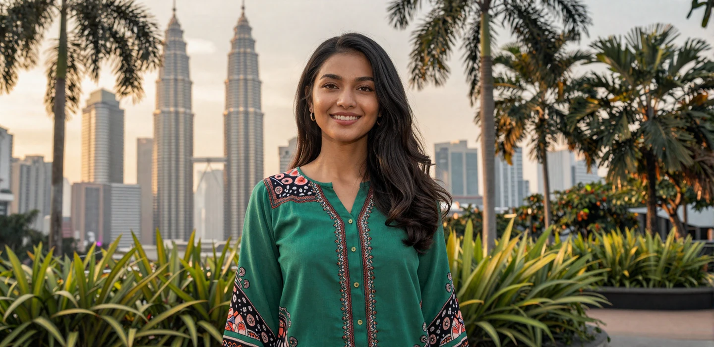 Beautiful Malaysian woman smiling warmly in modern emerald blouse with Kuala Lumpur skyline backdrop, representing Malaysian women dating on Dating-bay