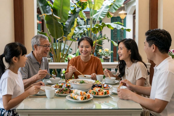 Vietnamese family sharing a traditional meal together in a warm home setting representing Vietnamese family values and dating culture