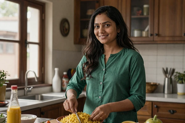 Nepali woman preparing traditional dal bhat in her Kathmandu home kitchen, reflecting the nurturing family-oriented culture central to Nepali women dating