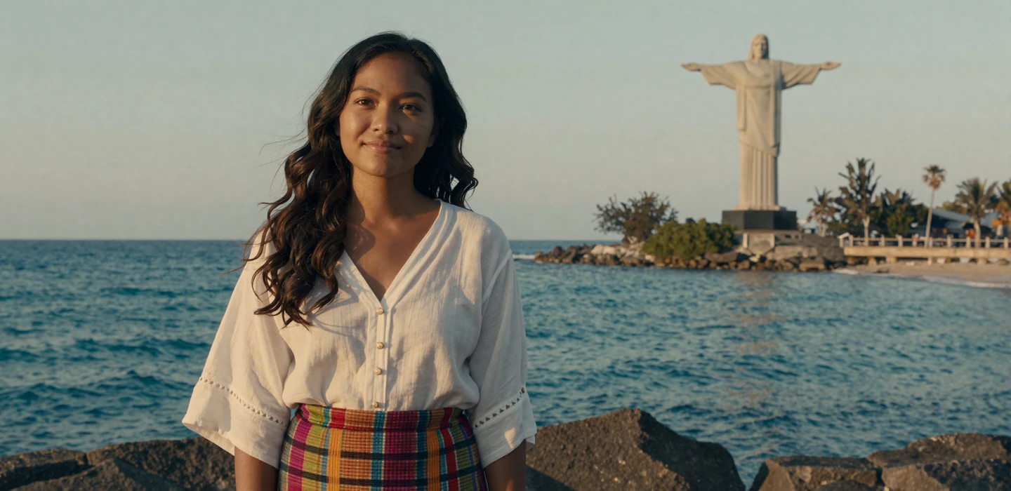 Beautiful Timorese woman smiling near the coast in Dili Timor-Leste wearing traditional tais textile, representing Timorese women dating on Dating-bay