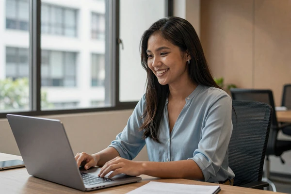 Young Filipino professional woman working at her desk in Manila, demonstrating English fluency and education of Filipina women